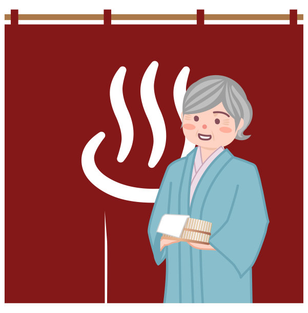一位老年妇女站在温泉口。图片下载