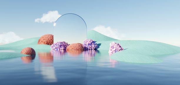 超现实的美丽梦幻之地背景。具有几何拱的冬季景观沙丘。梦幻岛屿风景与水和自然多云的天空。金属镜拱。3 d渲染。图片下载