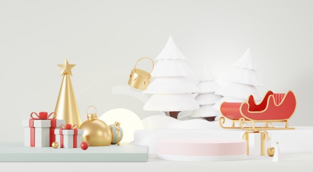 3d抽象讲台舞台平台与最小的圣诞和新年活动背景。欢乐的圣诞场景为产品展示或模拟横幅。圣诞冬季场景中的空看台基座装饰。图片下载