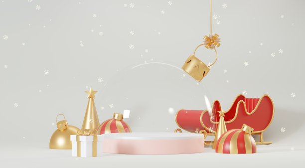 3d抽象讲台舞台平台与最小的圣诞和新年活动背景。欢乐的圣诞场景为产品展示或模拟横幅。圣诞冬季场景中的空看台基座装饰。图片下载