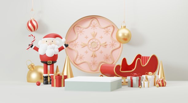 3d抽象讲台舞台平台与最小的圣诞和新年活动背景。欢乐的圣诞场景为产品展示或模拟横幅。圣诞冬季场景中的空看台基座装饰。图片下载