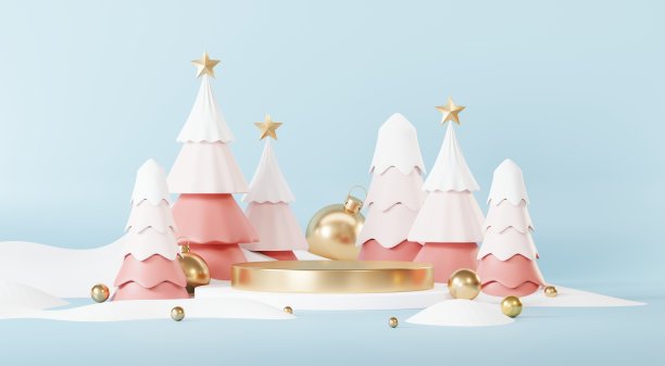 圣诞背景与讲台舞台平台在最小的新年活动主题。圣诞场景为产品展示模拟横幅。圣诞冬季场景中的空看台基座装饰。3 d渲染。图片下载