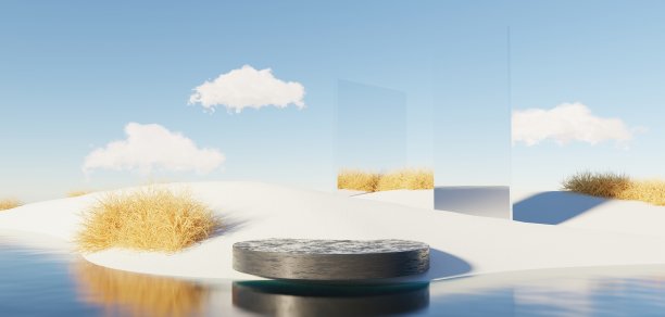 超现实的美丽梦幻之地背景。具有几何拱的冬季景观沙丘。梦幻岛屿风景与水和自然多云的天空。金属镜拱。3 d渲染。图片下载