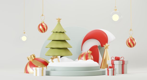 3d抽象讲台舞台平台与最小的圣诞和新年活动背景。欢乐的圣诞场景为产品展示或模拟横幅。圣诞冬季场景中的空看台基座装饰。图片下载
