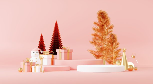 3d抽象讲台舞台平台与最小的圣诞和新年活动背景。欢乐的圣诞场景为产品展示或模拟横幅。圣诞冬季场景中的空看台基座装饰。图片下载