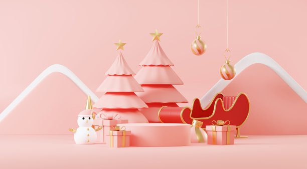 3d抽象讲台舞台平台与最小的圣诞和新年活动背景。欢乐的圣诞场景为产品展示或模拟横幅。圣诞冬季场景中的空看台基座装饰。图片下载