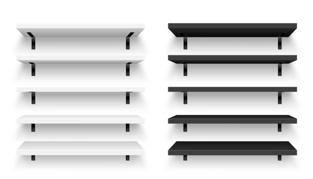 现实的商店货架与墙壁安装。空的产品货架，杂货墙架。商场和超市的家具、书架。现代室内设计元素，室内装饰。矢量图图片下载