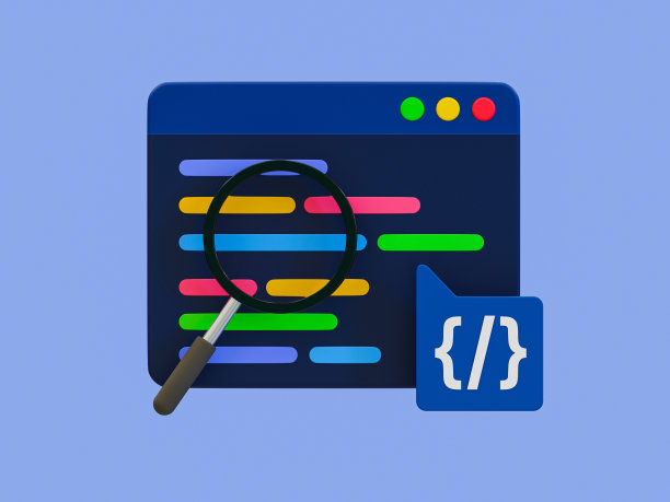 3d最小编码图标。编码的屏幕。Web开发概念。浏览器的编程源代码和放大镜。3 d演示。图片下载