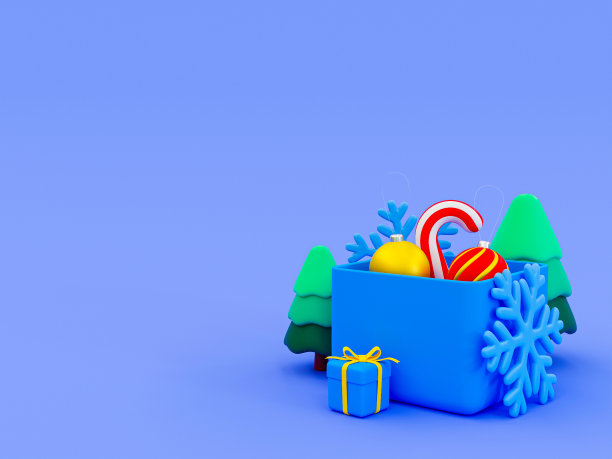 3d最小圣诞模板。圣诞帧。圣诞主题模型在蓝色背景复制空间，大礼品盒，圣诞装饰品，圣诞树，和雪花。3d效果图。图片下载