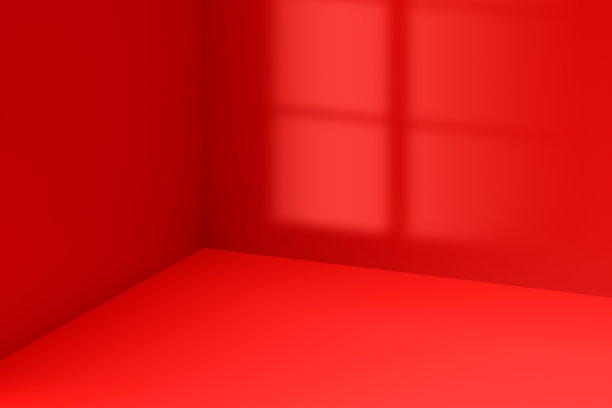 红色房间墙壁角落室内现代设计空间三维背景抽象窗户灯光场景工作室背景或空白桌子简单地板陈列室平台和彩色展示展示概念。图片下载