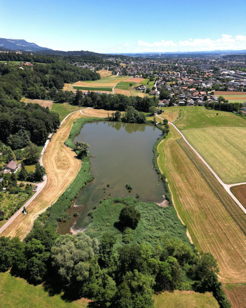 城市边缘田野附近的一个小湖的航拍照片图片下载