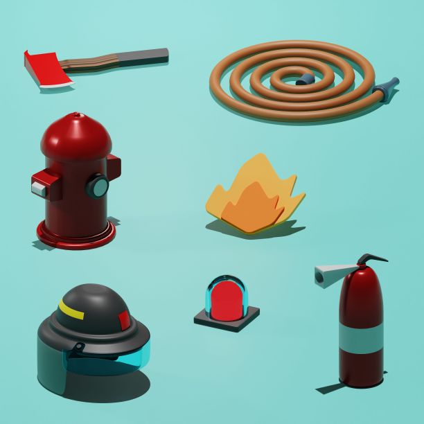 3D渲染的消防员套装，包括斧头，消火栓，头盔，火警警报器等图片下载