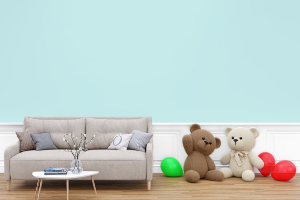 舒适的客厅，灰色沙发和木制地板上的泰迪熊。图片下载