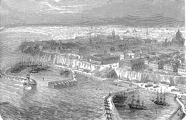 19世纪，黑海上的敖德萨港和后面的小镇的全景图片下载