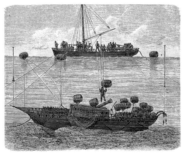 潜水员正在打捞沉没在康斯坦斯湖的“路德维克”号汽船，雕刻时间为1864年图片下载