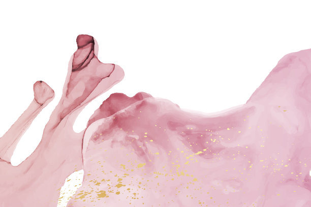 水彩背景与抽象的粉红色墨渍和金色的飞溅。图片下载