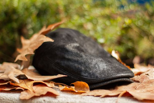 帽子掉在了街上的树叶下。图片下载