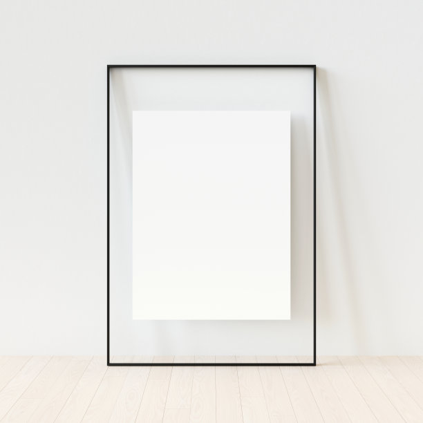 关闭黑色相框，逼真的垂直相框，A4。空的黑色相框模型模板隔离在室内白墙。矢量插图。三维演示图片下载