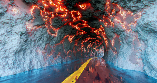 3 d渲染。有通往远方的道路的隧道，带有明亮的发光条纹或裂缝的石头纹理。图片下载