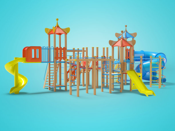 3D插图的游乐场与两个滑梯为儿童蓝色背景与阴影图片下载