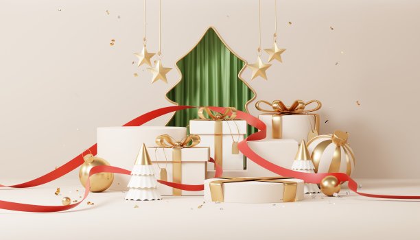 圣诞背景与讲台舞台平台在最小的新年活动主题。圣诞场景为产品展示模拟横幅。圣诞冬季场景中的空看台基座装饰。3 d渲染。图片下载