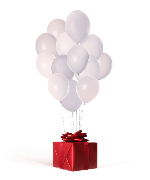 漂亮的礼盒和一堆白色背景的气球图片下载