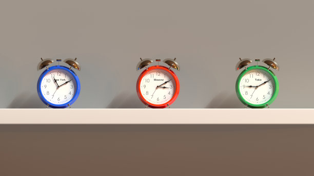 3D渲染-三个多色闹钟站在架子上。警报显示了纽约、莫斯科和东京的时间图片下载