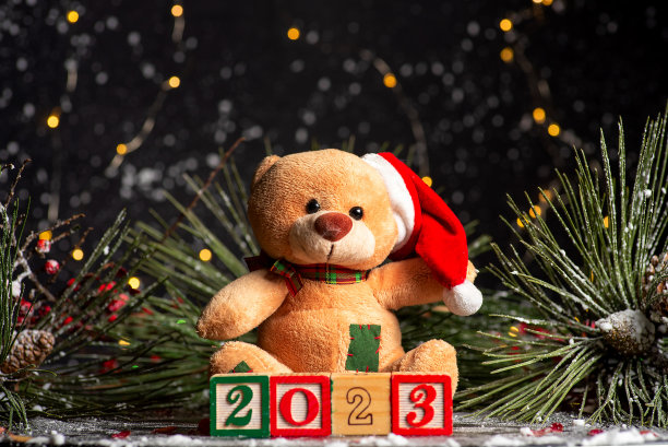 2023新年节日背景与木制数字显示即将到来的一年和圣诞象征软玩具图片下载