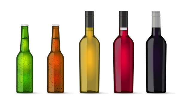 葡萄酒白色红玫瑰瓶玻璃矢量模拟空白透明模型孤立在白色背景三维图形插图，绿色棕色空精酿啤酒冷瓶酒精饮料集剪纸图片下载
