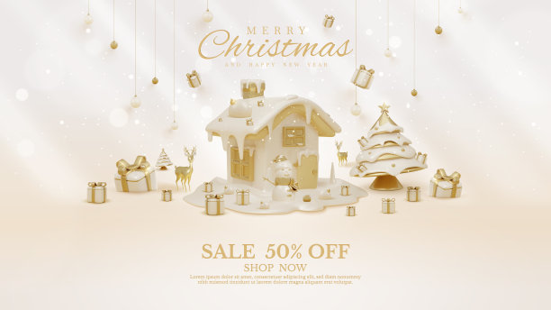 奢华的背景与3d逼真的圣诞饰品装饰和光效果和散景和雪。图片下载