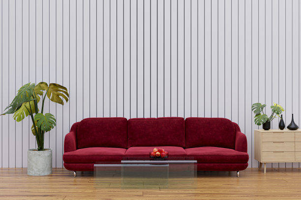 客厅里有一张红色的沙发。3d渲染插图。图片下载