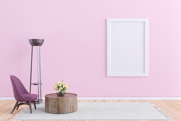 图片墙模型框架在一个粉红色的客厅，3d渲染插图。图片下载
