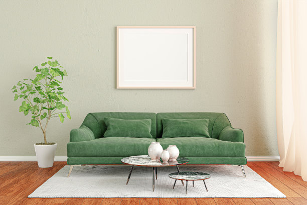 在一个舒适的客厅里摆放着模型相框。3d渲染插图。图片下载