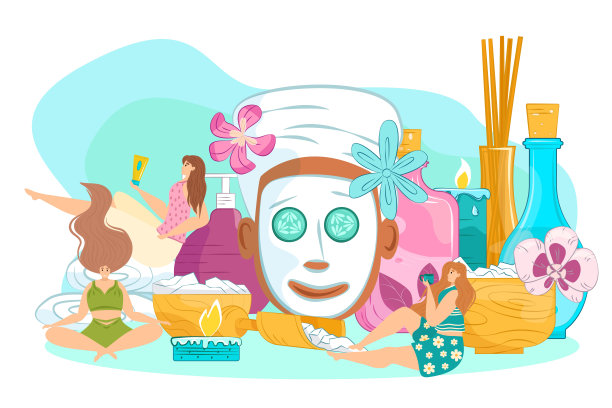水疗护理和美容疗法，矢量插图。女性女性保健治疗，清洁面部和身体放松。裹着毛巾的女孩，图片下载