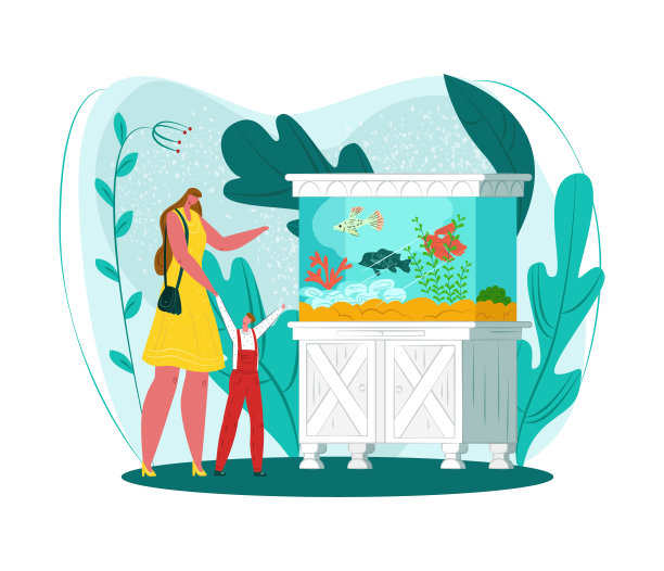 水族鱼集，家庭海洋馆，矢量插图。妈妈，孩子看漂浮的海洋动物。快乐的男孩欣赏海草，海洋自然。图片下载