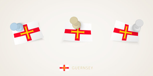 别针格恩西岛旗在不同的形状与扭曲的角落。矢量图钉俯视图。图片下载