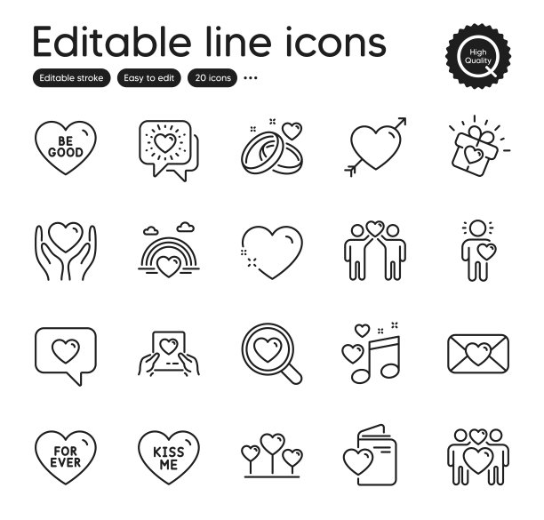 一套爱的轮廓图标。包含图标婚姻戒指，爱情和朋友元素。用于网站，应用程序。向量图片下载