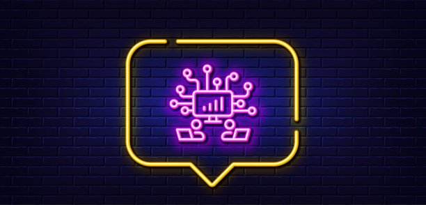 团队合作线路图标。远程办公标志。霓虹灯说话泡泡。向量图片下载