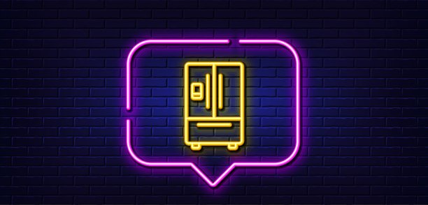 冰箱与制冰机线图标。冰箱的迹象。霓虹灯说话泡泡。向量图片下载