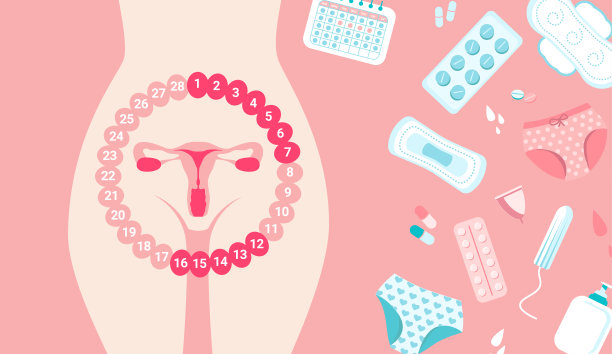 女性月经周期横幅。粉色背景上的女性卫生元素图片下载