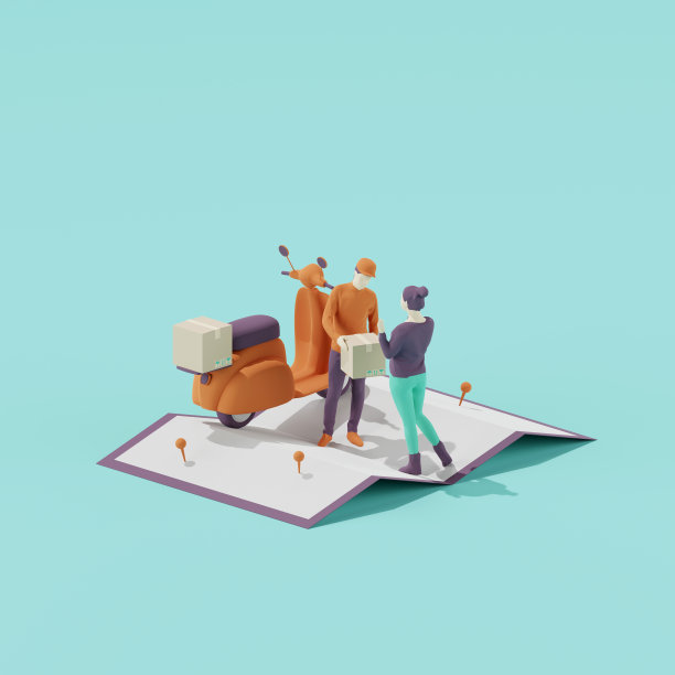 3d渲染送货员和滑板车与邮包盒定位地图。在线配送概念。图片下载