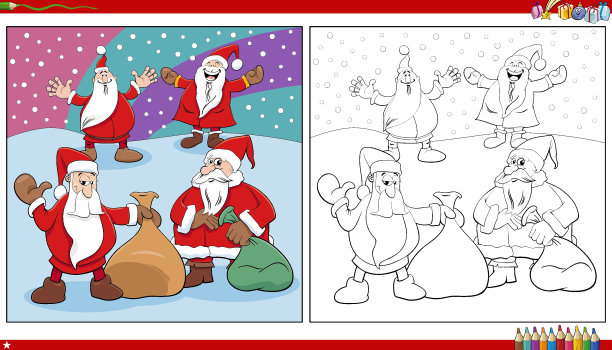 圣诞老人圣诞人物组涂色页图片下载