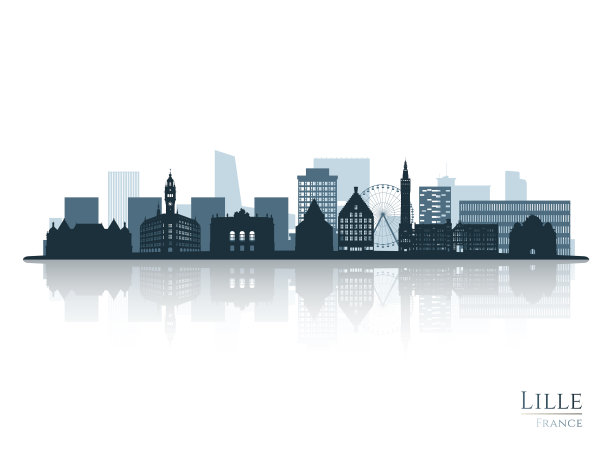 里尔天际线剪影与反射。里尔风景，法国。矢量插图。图片下载
