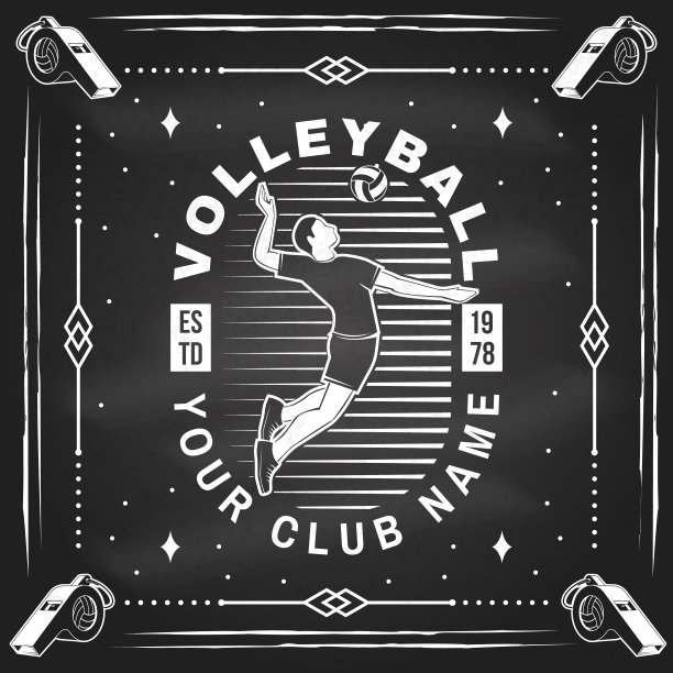 排球俱乐部在黑板上的徽章设计。矢量插图。为学院联盟体育俱乐部会徽、标志、标志。复古单色标签，贴纸，补丁与排球，球员和网剪影。图片下载