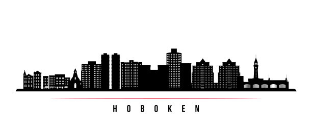 霍博肯天际线水平旗帜。新泽西州霍博肯的黑白剪影。矢量模板的设计。图片下载