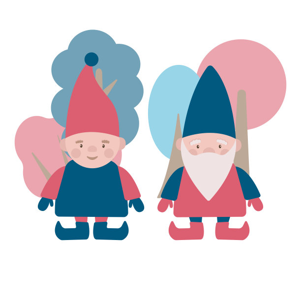 圣诞卡通插画，两个快乐的小矮人在魔法森林。冬矢萌娃人物。图片下载