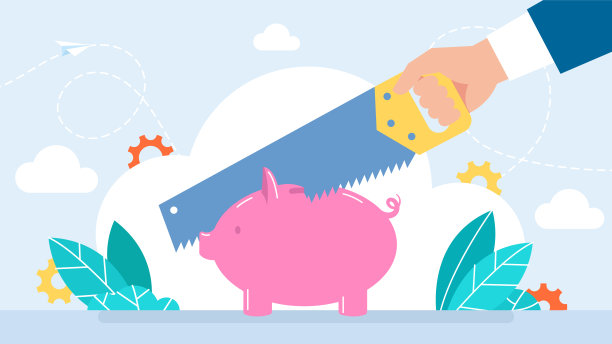 腐败。商人削减预算，国库用手锯锯。分配储蓄、金钱。腐败的概念。手用锯子劈开小猪储蓄罐形状的猪。平的风格。矢量图图片下载