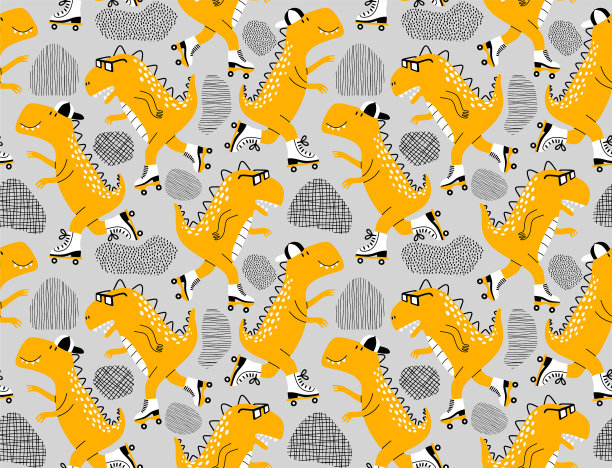 无缝模式与可爱的恐龙在轮滑。图片下载