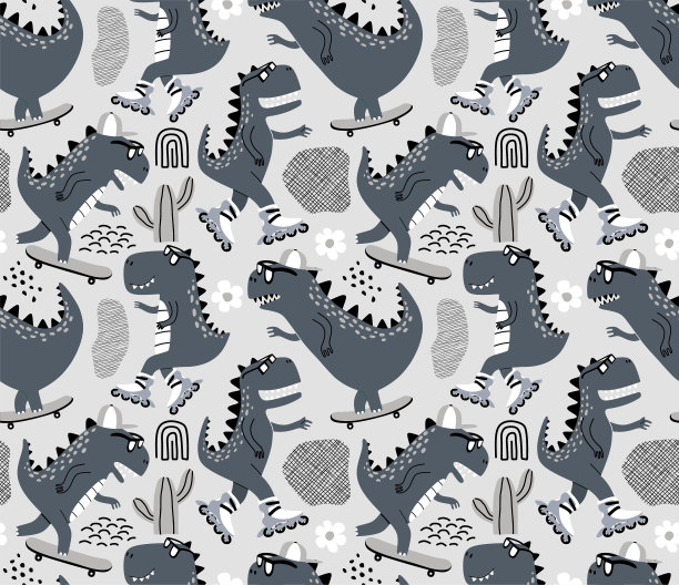 无缝模式与可爱的恐龙在轮滑。图片下载
