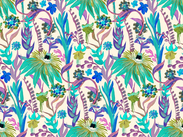 无缝的艺术图案与明亮的热带和花画水粉在干刷画图片下载